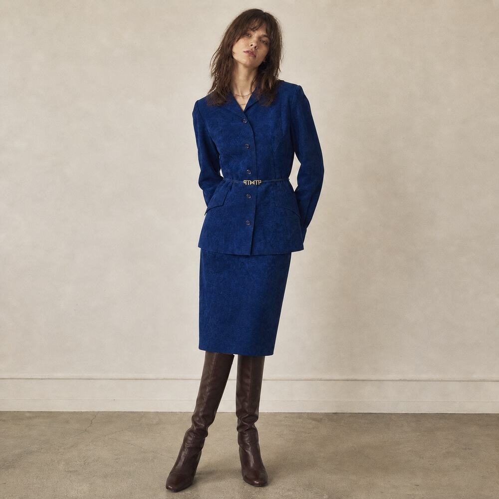 Vintage 70s Blue Ultrasuede Skirt Suit Set Small S Mollie Pannis